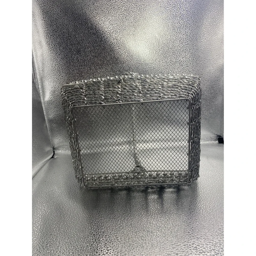 Silver Wire Decorative Basket Twisted Handle Beaded Trim Rectangular Metal Decor
